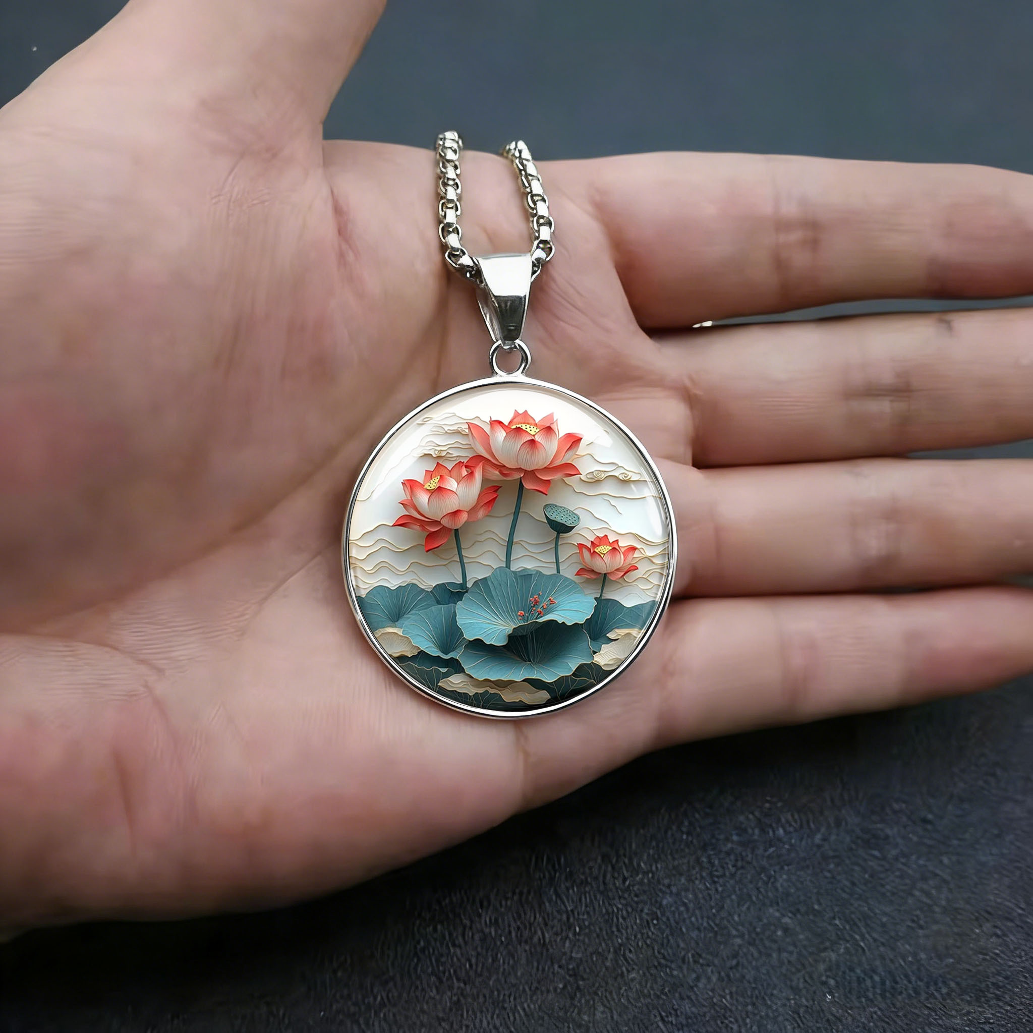 2D Flat Lotus Pattern Stainless Steel Necklace
